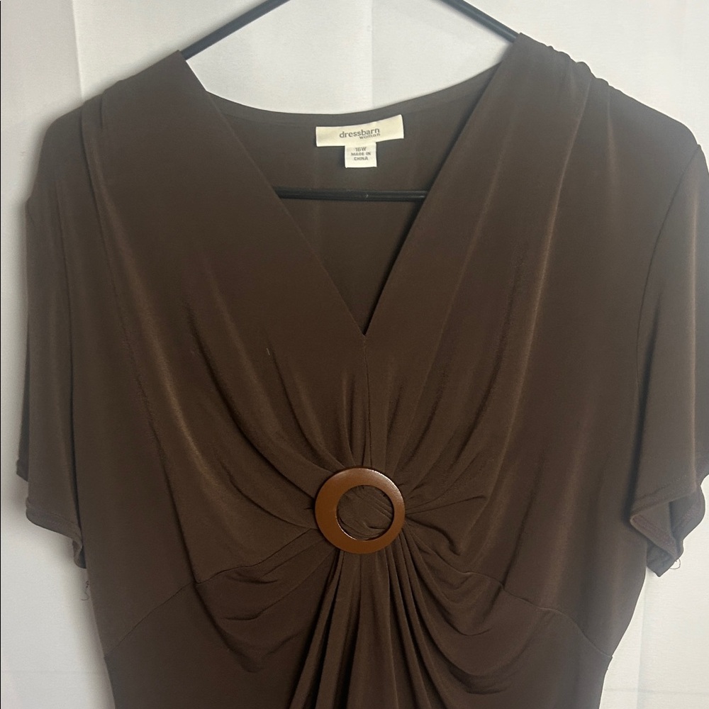 Ann Taylor Brown V-Neck Blouse with Circle Accent